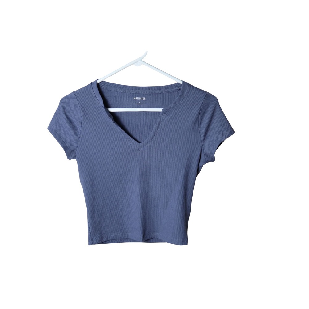 Hollister Ribbed Crop Top Medium Blue Short Sleeve Notch Neck Baby Tee Excellent